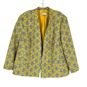 Kasper Blazer Womens Size 20W Charcoal Glen Plaid Yellow Embroidered Classic